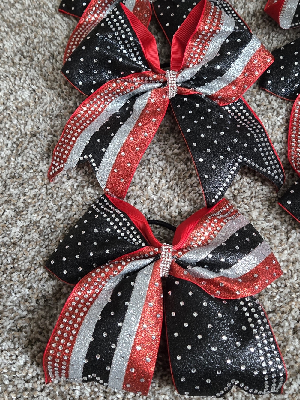 Girls Red, Black & Silver Rhinestone Cheer Bow Hair Accessory